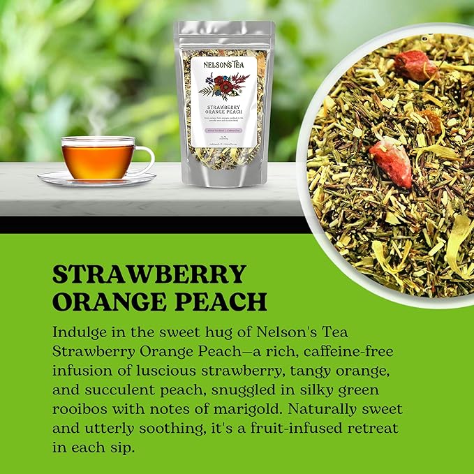 Nelson's Tea Strawberry Orange Peach - Caffeine Free Herbal Rooibos Loose Leaf Tea - Irresistable Blend of Green Rooibos, Orange Peel, Marigold and Strawberries - Fruit Loose Leaf (16 oz)