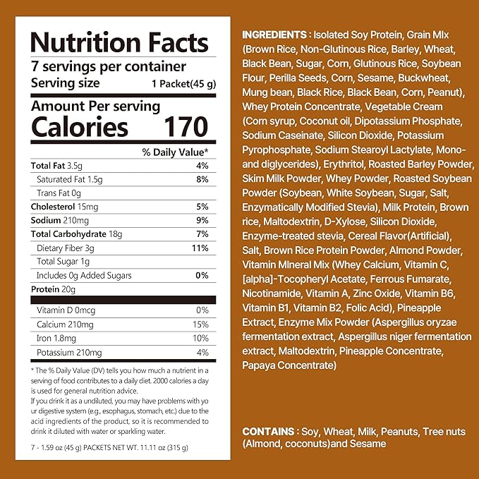 Brown 17Grains Protein Shake, With Crunchy Protein Balls, Protein Smoothie Powder - 20g Protein, Low Sugar, Keto-Friendly Meal Replacement Shake, 1.59oz, 7packs, 7 Servings (7 Packs X 1.59 oz)