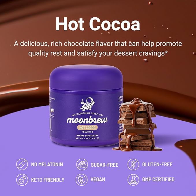 MoonBrew Nighttime Magnesium Hot Cocoa, Natural Sleep Aid Drink Mix for Adults, 3-Pack - Calming Melatonin-Free Sleep Support - Sleepy Hot Chocolate Powder with L-Theanine, Chamomile & Zinc Glycinate