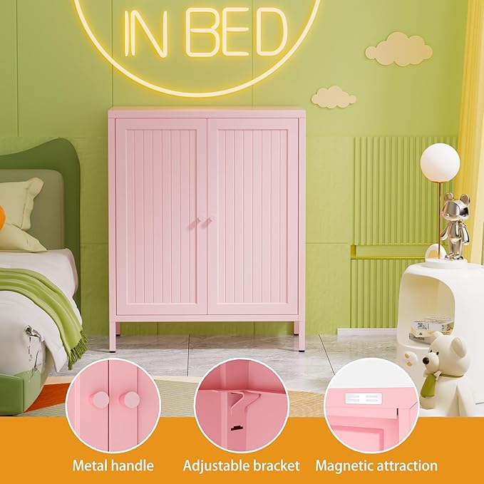 Small 2 Transparent Door Metal Storage Side Buffet Cabinet for Bed Room,Living Room,Entryway,Hallway,Home,Hotel,Office,Garage,Kitchen,1 Removable Shelf. (Striped Door, Pink)