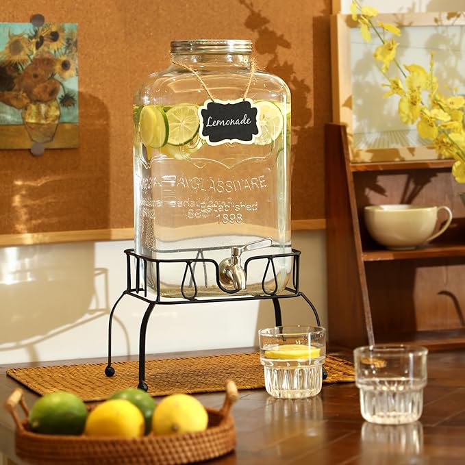 2 Gallon Glass Beverage Dispenser with Stand, Stainless Steel Leakproof Spigot and Lid, Glass Drink Dispensers for Parties, Water Beverage Dispenser