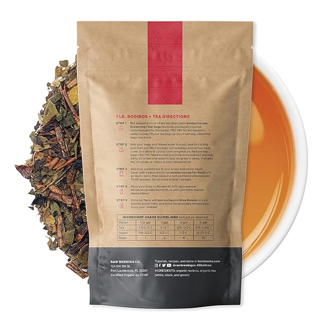 Kombucha.com Certified Organic Loose Leaf Rooibos & Tea - Kombucha Brewing Blends (Rooibos/Black/Green/White Tea Blend, 1 Pound) - 30% Rooibos 70% Tea. Makes up to 50 gallons.