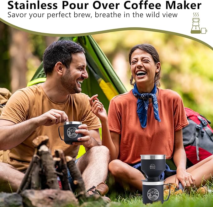 Portable Coffee Filter, Stainless Steel Reusable Dripper for Insulated Mugs, Paperless Coffee Maker for Hiking Camping & Outdoor Adventures, Lightweight Easy Clean & Gift Ready