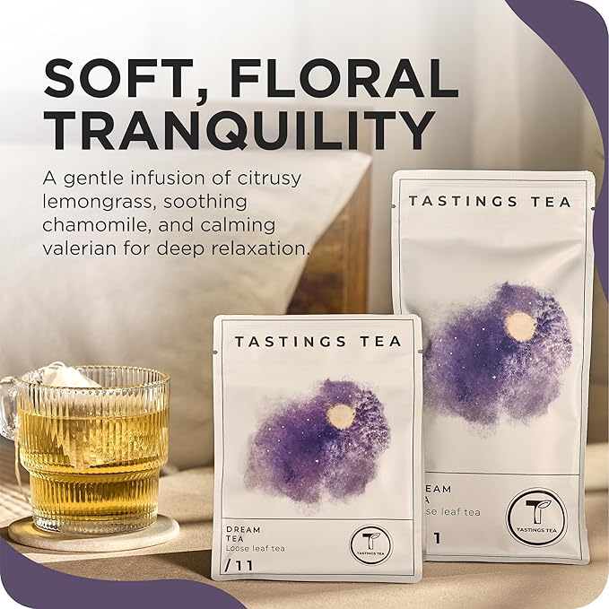 Tastings Tea Dream Loose Leaf, 1.2 oz | Calm Herbal Sleep Blend with Chamomile, Valerian & Lemon Grass | Natural Antioxidants for Wellness & Bed | Small Batch & Sustainably Sourced | Resealable Pouch
