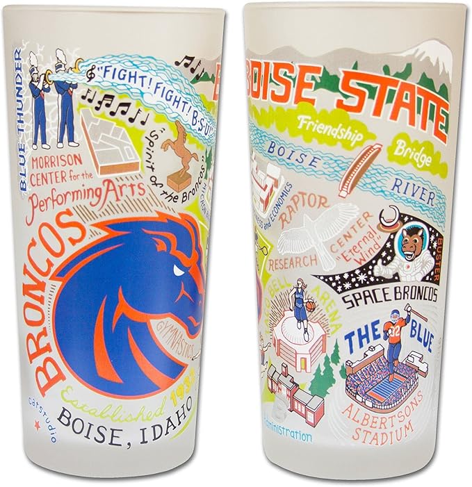 Catstudio Drinking Glass, Boise State University Glass Cup for Kitchen, 15oz Dishwasher Safe Tumbler for BSU Alumni