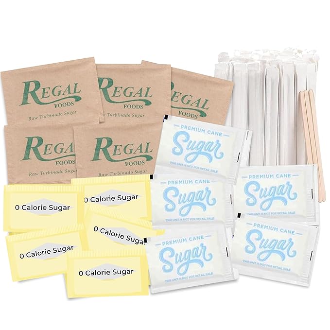 Sugar and Sweetener Assortment Packets with Wooden Coffee Stirrers 300 Count Premium Sugar for Home, Office, Coffee Bar Gift