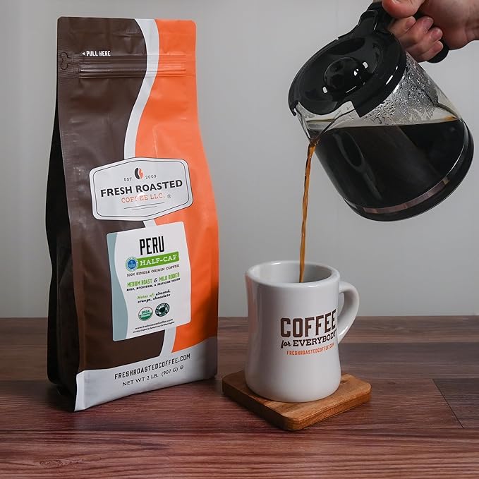 Fresh Roasted Coffee, USDA Organic Peru Water-Processed Half-Caf | 3rd Party Tested for Pesticides, Mold, Mycotoxins, Kosher | 100% Arabica, Specialty Grade, Med Roast 2 lb (32 oz) Whole Bean