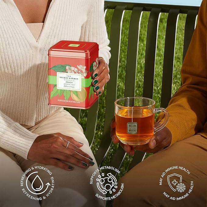 Life Plus Style Gourmet The Secret Garden Organic Peach Green Tea 50 Tea Bags Juicy & Fruity Refreshing Hot or Iced Tea Non GMO Gluten Free USDA Certified