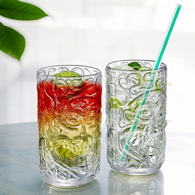 2-Pack 14.5oz Clear Tiki Glasses Cups for Cocktails Glass Drinking Set Crystal Glass Tumbler - for Water, Juice, Beer, Cocktails, Mojito, Wine and Whiskey, Bar Glassware