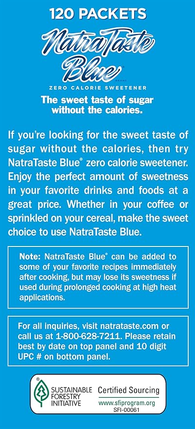 NatraTaste Blue Zero Calorie Sweetener, Bulk Sugar Substitute for Coffee, Iced Tea, Lemonade, Hot & Cold Drinks, Baking, Cooking, Low Carb, Vegan, Sugar Alternative, 120 Packets Value Box (12 pack)