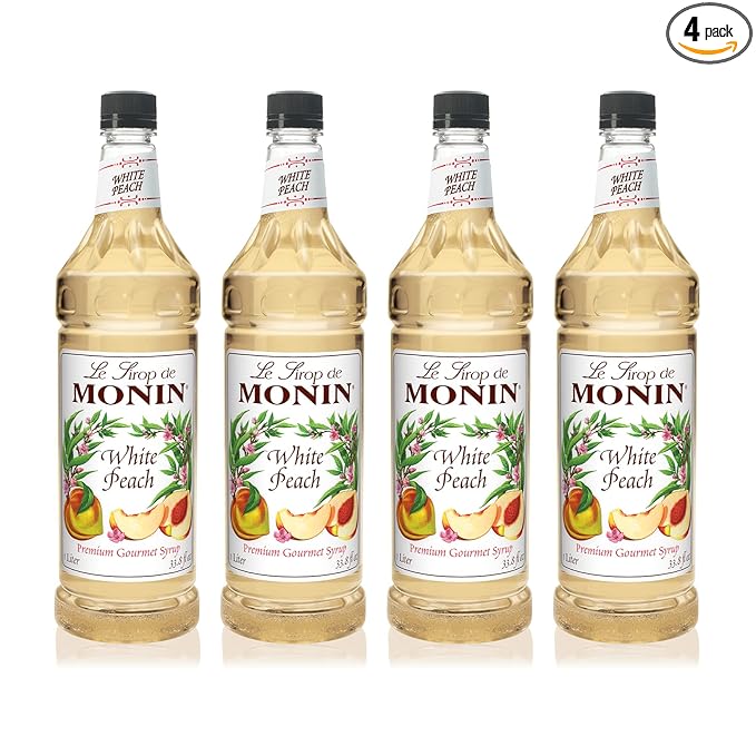 Monin - White Peach Syrup, Juicy Ripe Peach Flavor, Perfect for Cocktails, Mocktails, Iced Teas, & Smoothies, Gluten-Free, Non-GMO (1 Liter, 4-Pack)