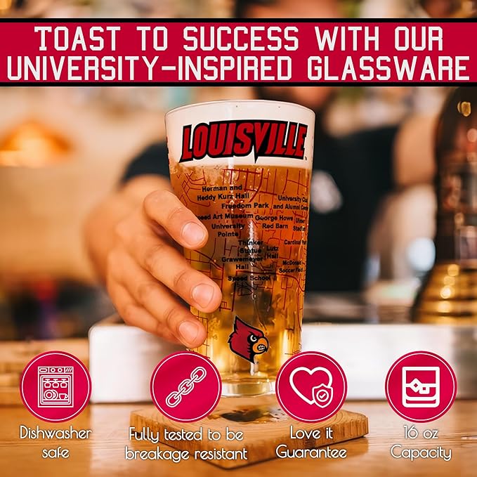 Greenline Goods – University of Louisville Cardinals College Pint Beer Glasses (Set of 2), 16 oz – Full-Color Logo + Campus Map