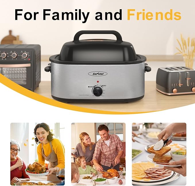 Sunvivi 28 Quart Electric Roaster Oven Turkey Roaster with Lid Electric Roasters with Removable Pan Large Roaster,Visible & Self-basting Lid, Fast Heating & Thaw/warming Setting,Silver