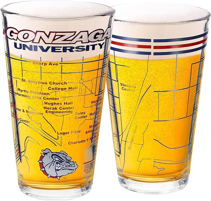 Greenline Goods – University of Gonzaga Bulldogs College Pint Beer Glasses (Set of 2), 16 oz – Full-Color Logo + Campus Map