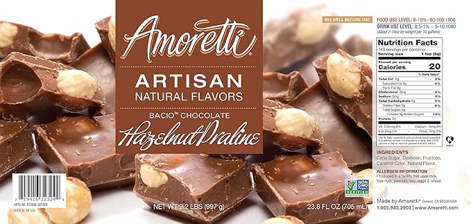 Amoretti - Natural Bacio Chocolate Hazelnut Praline Artisan Flavor Paste, 8 oz, Perfect For Ice Cream, Beverages, Cakes, and more, Preservative Free, Vegan, Gluten Free, No Artificial Sweeteners
