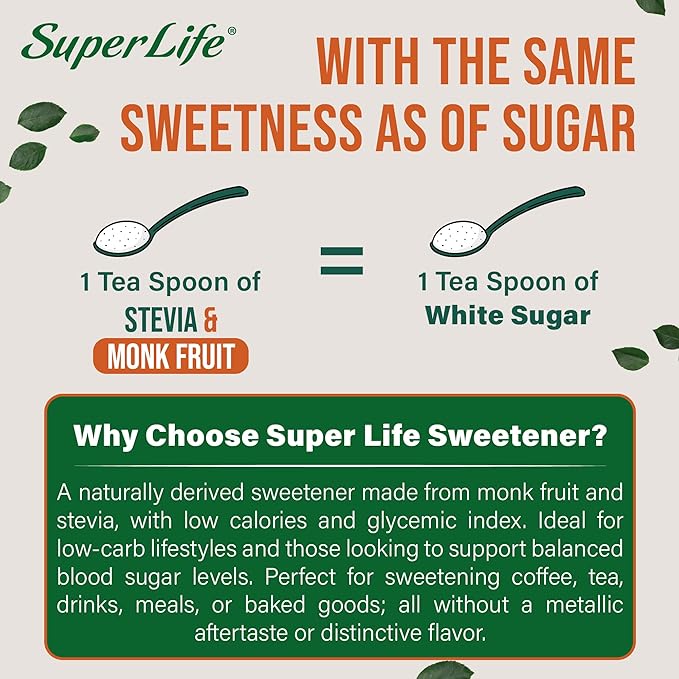 Super Life Stevia & Monk Fruit Sweetener – Low-Glycemic Index, Erythritol-Free Sugar Alternative for Baking, Beverages & Caramelizing | Non-GMO, Low-Calorie, Keto Diet Friendly – 8.8oz / 250g