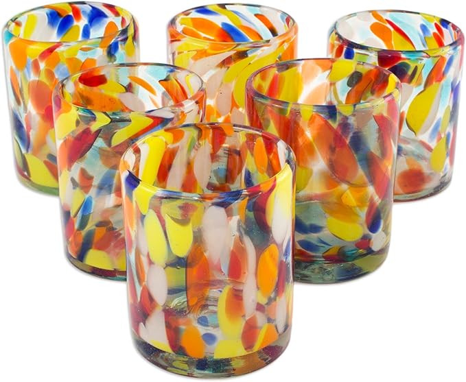 NOVICA Hand Blown Recycled Glass Multicolor Tumbler Glasses, 12 Oz. 'Liquid Confetti' (Set Of 6)