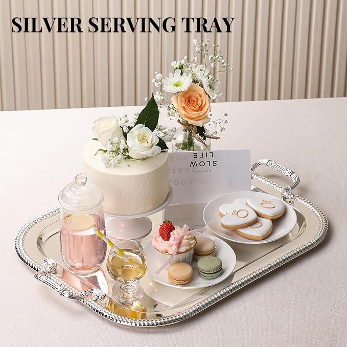 18.5"x14.5" Rectangular Silver Serving Tray with Handles, Beautiful Mirror Polished Finish, Lightweight Classic Metallic Decorative Silverplate Tray for Wedding Anniversary Birthday Holiday Gatherings