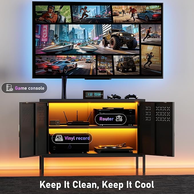 Storage Cabinet, Metal Accent Locker Storage Cabinet with 2 Doors, Magnetic Closure, Adjustable Shelf, Tv Stands & Metal Nightstand for Living Room, Entryway and Home - Black