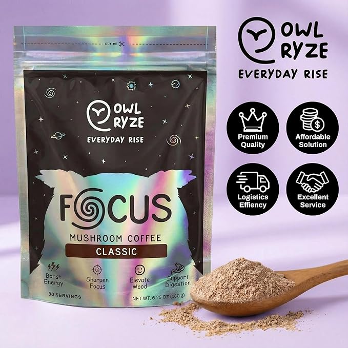 OwlRyze Mushroom Coffee Focus Classic with 6 Adaptogenic Mushrooms, MCT Oil, Premium Instant Coffee for Better Energy, Focus, Digestion, Immunity with Lions Mane & Turkey Tail, 30 servings