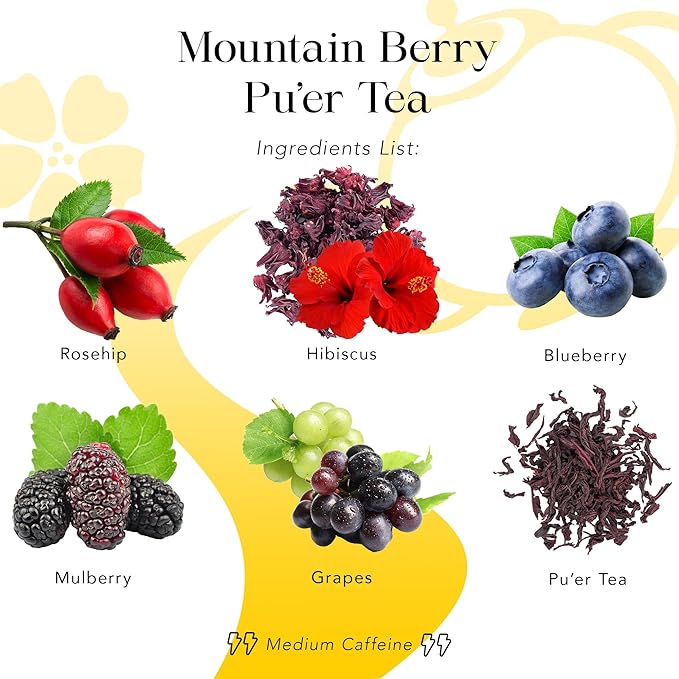 MyRoyalte Mountain Berry Puerh Tea Organic - Hibiscus Loose Leaf Tea With Blueberries, Grapes, Mulberries - Pu'er Tea Gift Idea for Tea Lovers - 3 oz