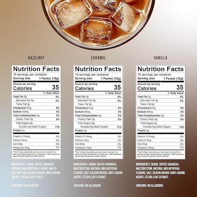 The Frozen Bean - Instant Iced Coffee Combo Pack, Hazelnut, Caramel, Vanilla,Gluten-Free, Dairy-Free, Packs of 30