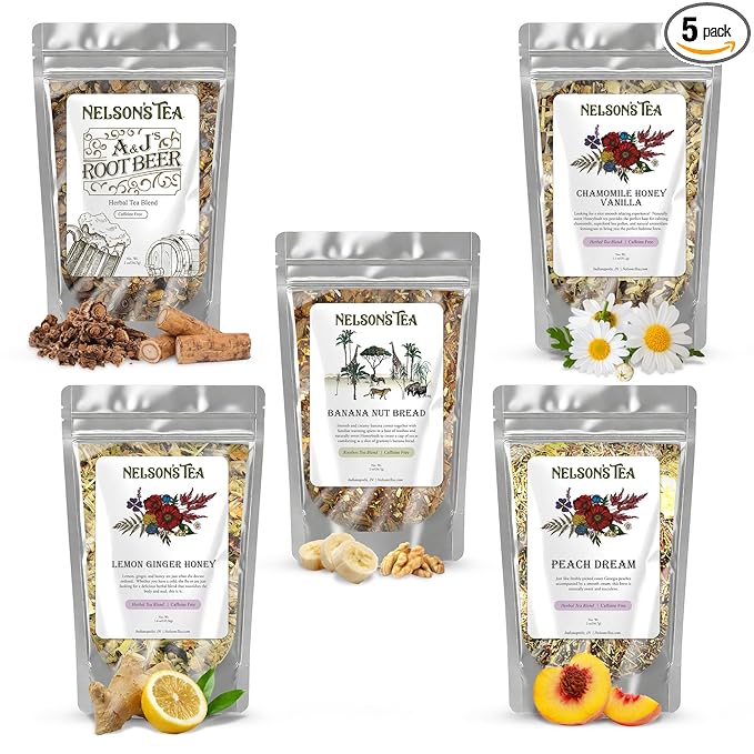 Nelson's Tea Favorites Sampler Pack - Caffeine Free - Loose Leaf Tea Sampler - A&J's Root Beer 2oz, Banana Nut Bread 2oz, Chamomile Honey Vanilla 1.1oz, Lemon Ginger Honey 1.6 oz, Peach Dream 2 oz