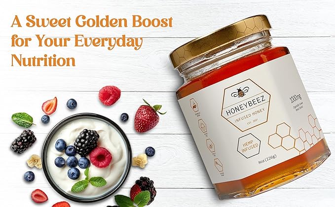 HoneyBeez Premium Raw Honey Infused with Hemp- 32mg per serving (Natural, 8oz)