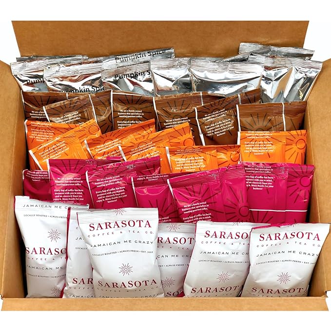 Flavored Ground Coffee Sampler Pack – Variety Gift Set, Medium Roast, Low Acid, Pre-Measured 2oz Pouches, Gourmet Bulk Coffee Packets for 12-Cup Drip Makers
