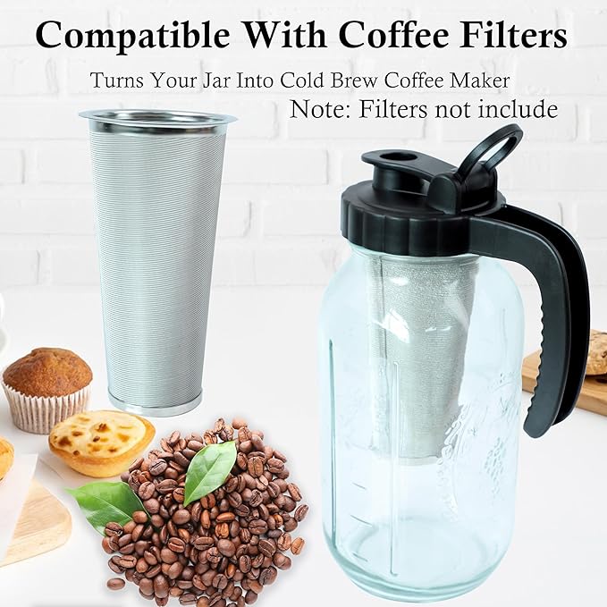 Glass Mason Jars Pitcher Half Gallon With Pour Spout Lid (2 Set) 2 Quart Wide Mouth Fridge Breast Milk Pitcher Airtight Leak Proof 64 oz Jug With Top Flip Cap For Cold Brew Coffee, Iced Tea, Beverage