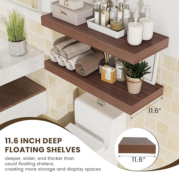 30 Inch Floating Shelves | 12 Inch Deep Walnut Floating Shelves Set of 2 | 30" W x 12" D Rustic Wood Shelves for Wall | Deep Walnut Shelves for Living Room Bathroom Laundry Room Kitchen