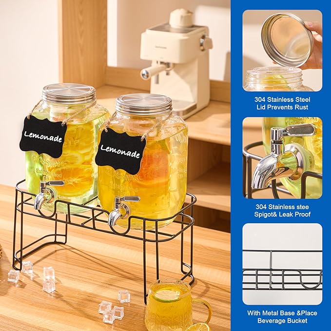 1 Gallon Glass Drink Dispensers for Parties, 2PACK Beverage Dispenser with Stand, Fruit Infuser and Stainless Steel Spigot 100% Leakproof, Beverage Dispenser for Lemonade Sun Tea