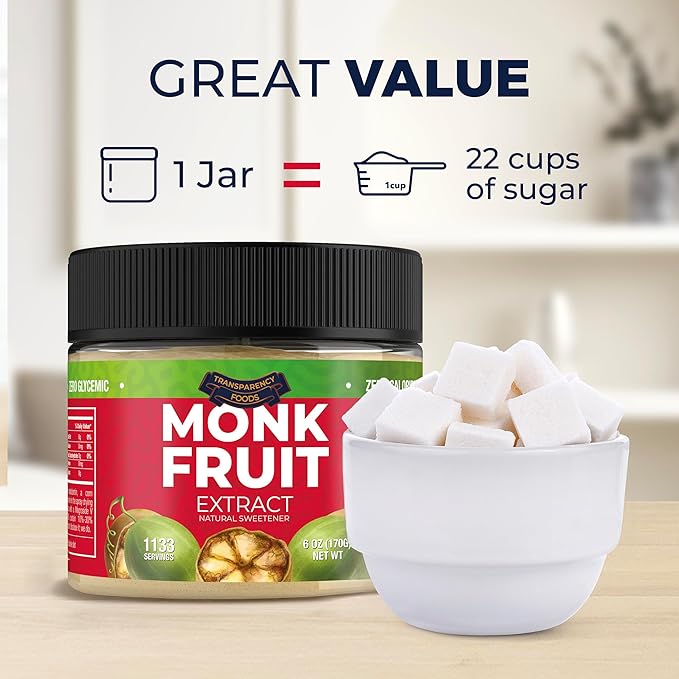 Monk Fruit Sweetener No Erythritol (25X Sweeter Than Sugar) Zero Calories, Zero Glycemic, Non-GMO, No Fillers - Monk Fruit Extract (7% Mogroside V) by Transparency Foods (6oz, 1133 servings)