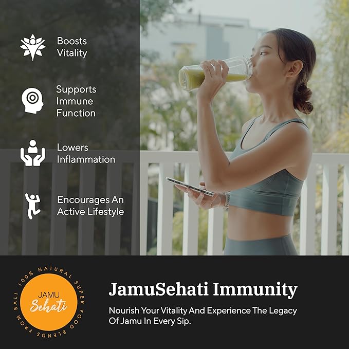 JAMUSEHATI Immunity, Natural Superfoods Blend from Bali, Containing Javanese Turmeric, Red Ginger, Moringa and Matcha, Pack of 3 Sachets