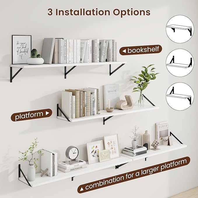 Axeman White Floating Shelves for Wall - 48 Inch Wide x 10 Inch Deep Floating Shelves Set of 2 -White Wide Wall Shelves for Living Room Bathroom Bedroom