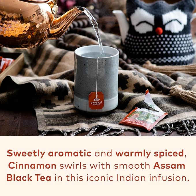 Organic India Tulsi Masala Chai Tea Bags - Holy Basil, Black Tea, Spices with Ginger, Stress Relieving, Immune Support, USDA Certified Organic, Antioxidant, Caffeinated - 18 Infusion Bags, 6 Pack