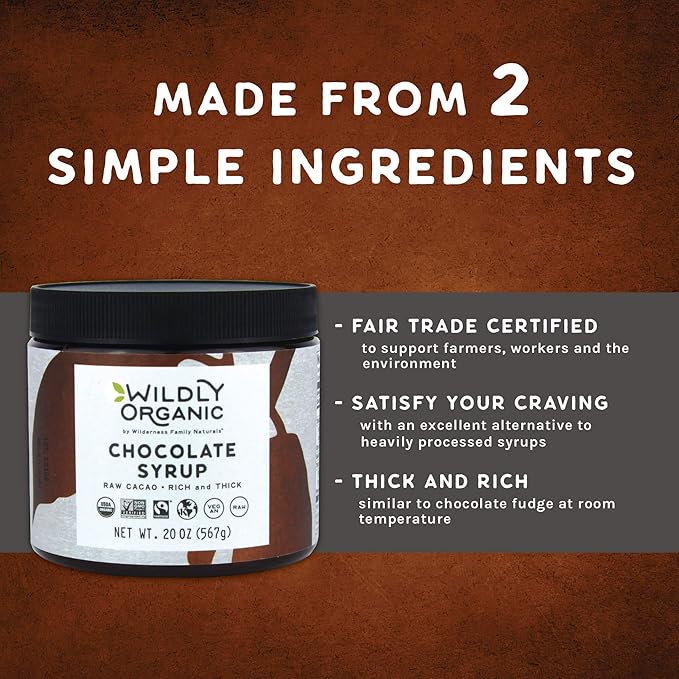 Wildly Organic Chocolate Syrup 20 Oz - Organic, Dairy-Free, Fair Trade, Non-GMO, Kosher, Vegan, Premium Rich Chocolate Flavor - Perfect for Ice Cream, Baking, Coffee, Chocolate Milk, Mocha, & Hot Cocoa - 2 Ingredients: Raw Cacao Powder & Raw Agave