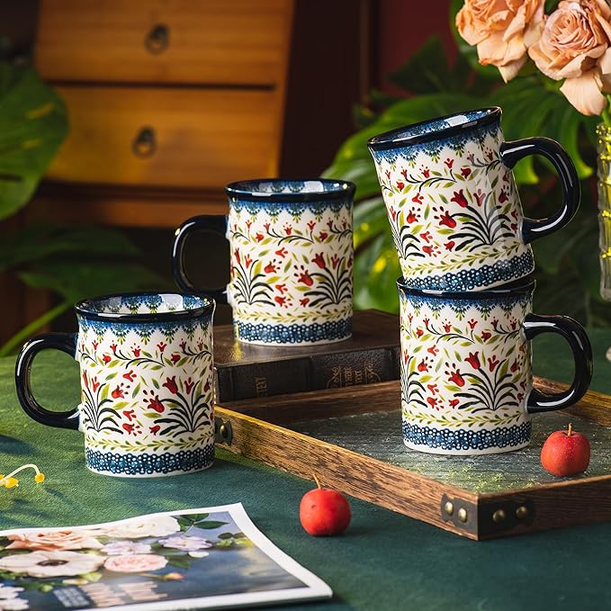 Ceramic Latte Mug Set of 4, 15.5oz Hand Painted Porcelain Coffee Cups With Big Handle - Modern,Retro Design For Any Kitchen. Microwave and Dishwasher Safe (The tulip)