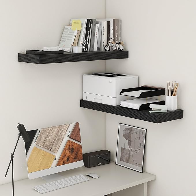 Deep Floating Shelves | 36 Inch Black Floating Shelves Set of 2 | 12 Inch Deep Rustic Wood Shelves for Wall | 36" W x 12" D Black Shelves for Living Room Bathroom Laundry Room Kitchen