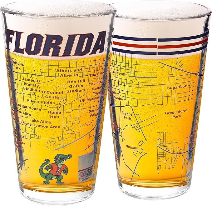 Greenline Goods – University of Florida Gators College Pint Beer Glasses (Set of 2), 16 oz – Full-Color Logo + Campus Map