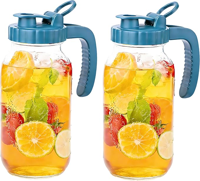 64 Oz Glass Pitcher With Lid 2 Set Half Gallon Wide Mouth Mason Jar Cold Hot Water Pitcher 2 Quart Sun Tea Glass Jar For Outside For Fridge Lemonade, Beverage,Milk,Juice, Cold Brew Iced Tea Container