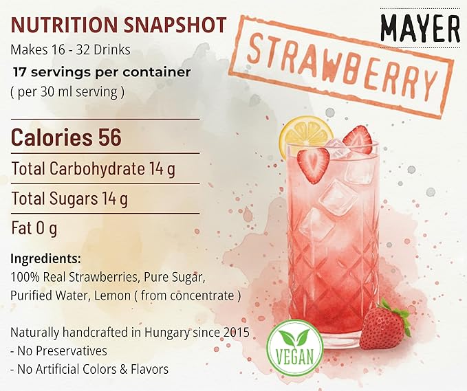 Mayer Premium Hungarian Strawberry Syrup - Award-Winning Artisanal Fruit Syrup, All-Natural, Crafted with 100% Real Fruits, Vegan, Gluten-Free – Perfect Coffee Syrup, Cocktails & Dessert Topping (1 Pack)