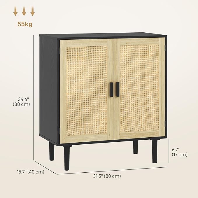 HOMCOM Sideboard Buffet Cabinet, 32" Boho Buffet Table, Rattan Coffee Bar Cabinet with 2 Doors and Shelves for Kitchen, Living Room, Entryway, Black