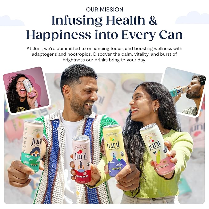 Juni Sparkling Adaptogen Drink with Ashwagandha, Lion's Mane & Reishi Mushrooms, Green Tea for Focus, Zero Sugar, 5 Calories, All Flavors 24-Pack