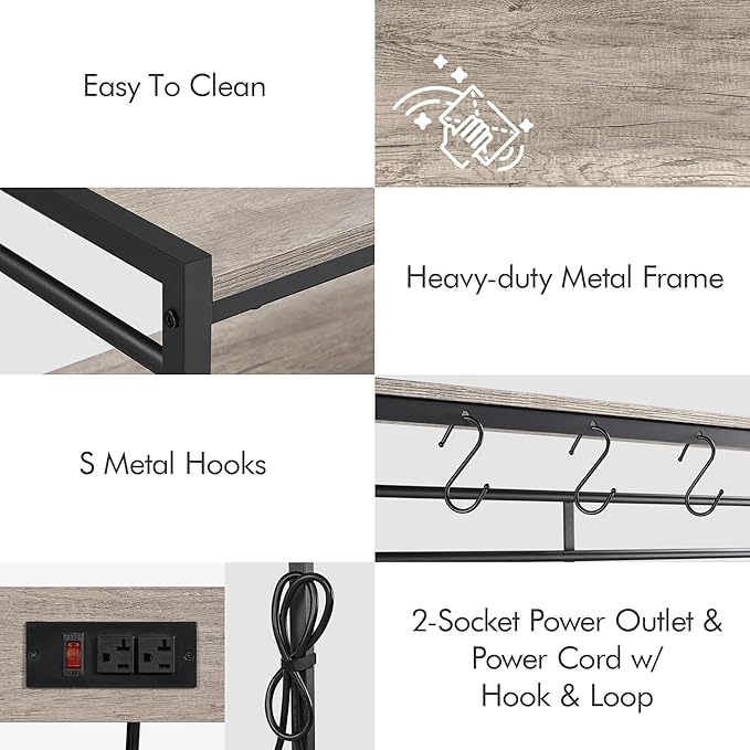 Yaheetech Bakers Rack with Power Outlet, Shelf Unit Coffee Bar Station with 5 S-Hooks & Adjustable Feet, Microwave Stand with Storage Shelf for Dinning Room/Living Room, Gray