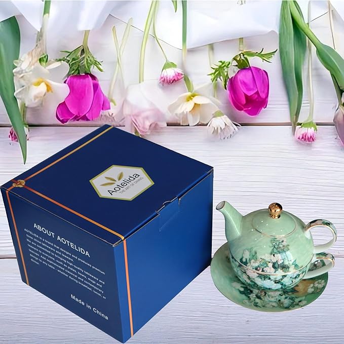 Porcelain 13 OZ Tea for One Teapot and Cup Set Vintage Floral Ceramic Tea Set European Style Tea pot and Saucer Set (White Roses)