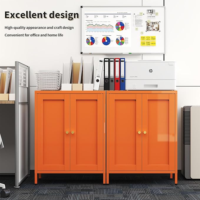 Orange Metal Storage Cabinet with 2 Doors - 31.5''H Bathroom Floor Storage Cabinet, 3 Tier Locker with Adjustable Shelves,Bathroom Cabinet for Office, Home, Living Room, Kitchen