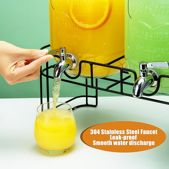 1 Gallon Glass Drink Dispensers for Parties, 2PACK Beverage Dispenser with Stand, Ice Cylinder and Stainless Steel Spigot 100% Leakproof, Beverage Dispenser for Lemonade Sun Tea
