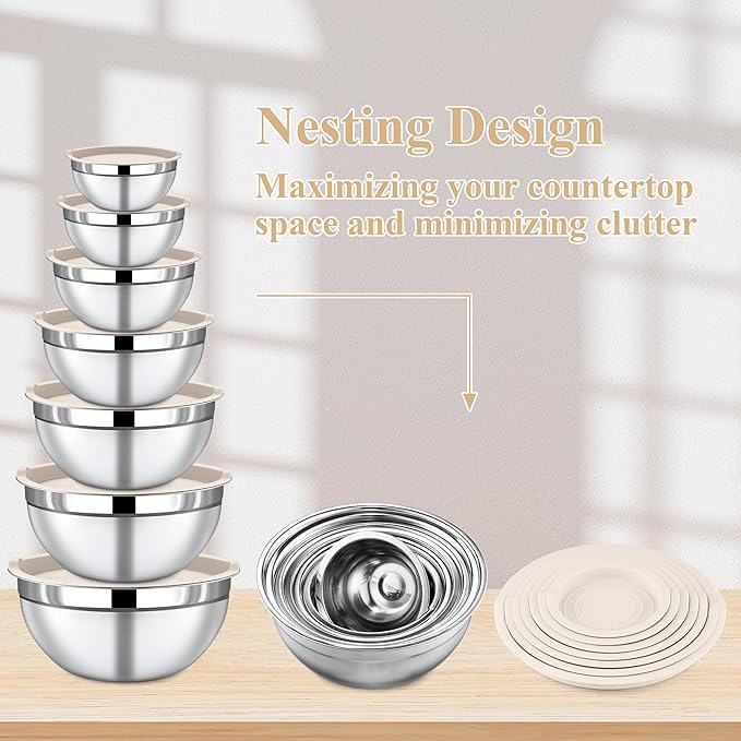 7 Piece Stainless Steel Mixing Bowls with Lids Set - Khaki Nesting Metal Mixing Bowls for Kitchen, Sizes 4.5, 4, 3.5, 2.1, 1.5, 1.1, 0.7 Qt for Baking, Cooking and Serving, Dishwasher Safe