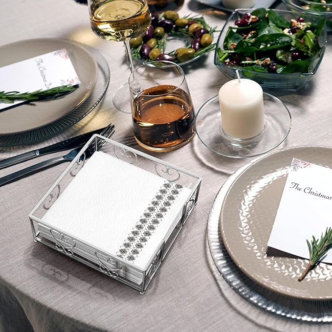 Flat Napkin Holder for Table – Silver Square Dispenser for Paper Napkins, Modern Metal Caddy for Kitchen or Dining, Iron Weighted Organizer, Kitchen Dining Room Decor 7.4 x 7.4 Inch